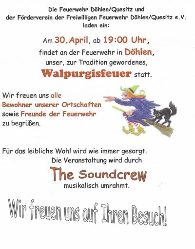 Traditionelles Walpurgisfeuer bei der Ortsfeuerwehr Döhlen/Quesitz lädt zum geselligen Beisammensein ein